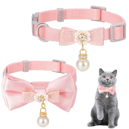 Niedliches Katzenhalsband mit Schleife, Katzenhalsband, Breakaway, rosa Katzen, Schleifen und Zubehör, verstellbar, niedlich, mit Perlenanhänger für Mädchen, Katzen, Rosa, 2 Stück Niedliches Katzenhalsband mit Schleife, Katzenhalsband, Breakaway, rosa Katzen, Schleifen und Zubehör, verstellbar, niedlich, mit Perlenanhänger für Mädchen, Katzen, Rosa, 2 Stück von Bruislard