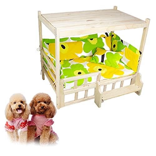 Hölzernes Doppelschicht-hundebett mit Bettwäsche Vom Boden, Feuchtigkeitsdichtes Vollständig Abnehmbares Massivholz-haustierbett mit Spitze Kann Als Nachttisch Verwen(Size:90 * 55,Color:Luxus) von Bseack