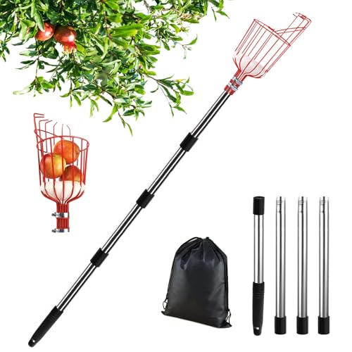 Apfelpflücker mit Teleskopstiel Edelstahl 2.0M, Obstpflücker mit Teleskopstiel Metall, Kirschpflücker Outdoor Garten, Obstpflücker mit Teleskopstange, Obsternter Erntehelfer Birnen Beeren Ø 145mm von Bseical