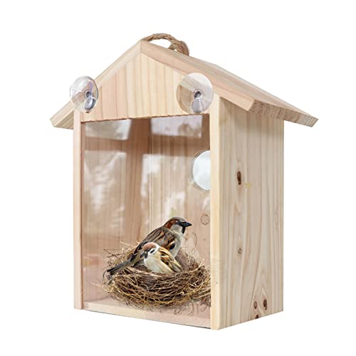 Bseical Vogelhaus Fenster Saugnapf, Nistkasten Meisen Holz, Vogelhäuschen Zum Aufhängen Wetterfest, Vogelnest, Nistkasten Naturholz Wandmontage Outdoor Garten Haus Pro Spatzen Turmfalke Glas Sichtbar von Bseical
