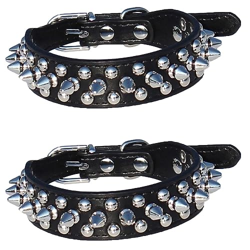 Bsowte 2 x Leder-Hundehalsband mit Nieten, 2,5 cm breit, für kleine/xkleine Rassen und Welpen (Schwarz, Größe S: für Halsumfang 15,2 - 20,3 cm) von Bsowte