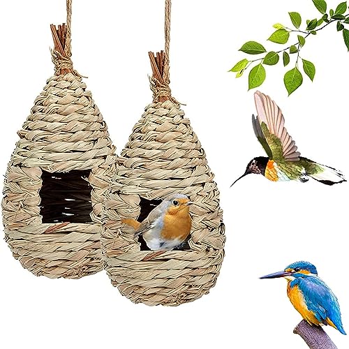 Vogelnest Gras, 2 Stück Gras Bird Nest, Handgewebte Vogelhäuser, Vogelhäus, Vogelhäus zum Aufhängen für Wellensittich Meise, Kanarienvogel, Amsel, Hummingbird, Rotkehlchen und Zaunkönig von Bssowe