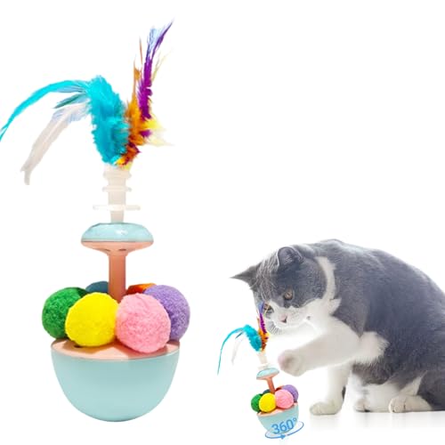 Btsozer Interaktives Katzenspielzeug, Katzenspielzeug mit Federn, Tumbler Design, Quietschespielzeug für Tiger für gelangweilte Erwachsene (Blau) von Btsozer