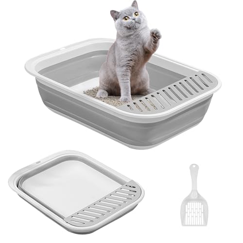Btstil Katzentoilette Flach Groß, Faltbare Katzentoilette mit Schaufel 45x34x12,5cm, Höhenverstellbar Seiten spritzwassergeschützt, Katzentoilette mit offener Oberseite, Reisetoilette Katze (Grey, L) Btstil Katzentoilette Flach Groß, Faltbare Katzentoilette mit Schaufel 45x34x12,5cm, Höhenverstellbar Seiten spritzwassergeschützt, Katzentoilette mit offener Oberseite, Reisetoilette Katze (Grey, L) von Btstil