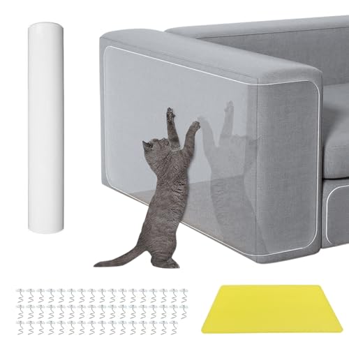 Btstil Kratzschutz Sofa Katze, 30 x 500cm Katzen Kratzschutz Katze Kratzschutzfolie, Transparent Katzen Kratzschutz Selbstklebend mit Kratzer & Schrauben für Möbel Couch Tür Wand Sofa von Btstil