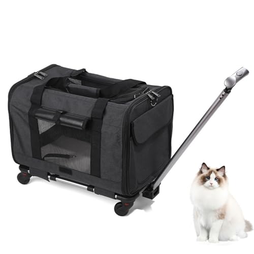 Btstil Transportbox Katze & Hund, Tragetasche Mobil Transporttasche mit Teleskopgriff & Rädern, Kleiner und Mittelgroßer Faltkoffer für Haustiere, Tragfähigkeit bis 15 kg (Dunkelgrau) von Btstil