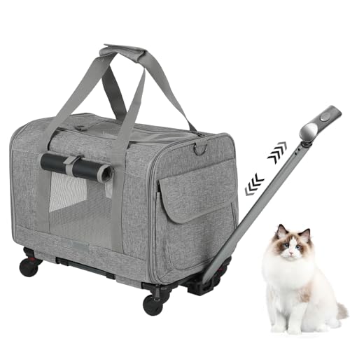 Btstil Transportbox Katze & Hund, Tragetasche Mobil Transporttasche mit Teleskopgriff & Rädern, Kleiner und Mittelgroßer Faltkoffer für Haustiere, Tragfähigkeit bis 15 kg (Grau) von Btstil