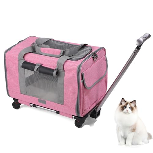 Btstil Transportbox Katze & Hund, Tragetasche Mobil Transporttasche mit Teleskopgriff & Rädern, Kleiner und Mittelgroßer Faltkoffer für Haustiere, Tragfähigkeit bis 15 kg (Rosa) von Btstil