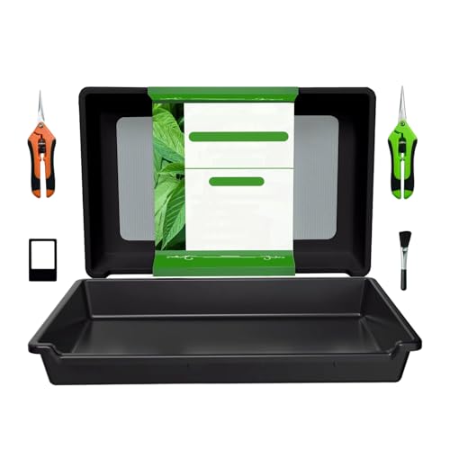 Btstil Trim Tray Bin Trimmschale, 2-in-1 Trimming Tray Set for Pollen and Herbs mit 150 Mikron Pollensieb, 2 Trimming Scheren, Bürste, Lupe, Grow Zubehör zum Trockensieben und Sammeln (Schwarz) von Btstil