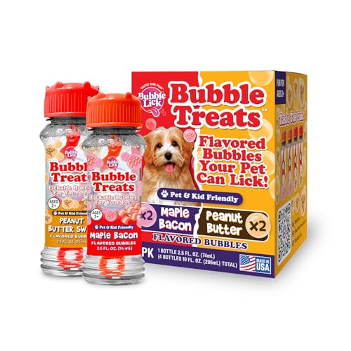 Bubble Treats Sortimentspackung: Erdnussbutter Swirl & Ahornspeck Haustierblasen (600 ml, 4er-Pack), leckbare Blasen für Haustiere – verschiedene Geschmacksrichtungen, ideal für Spielzeug und von BubbleLick