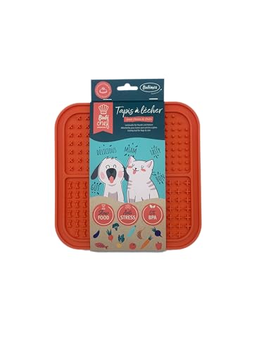 BUBIMEX Leckmatte/Futternapf, 20 x 20 cm, Orange, für Hunde und Katzen, mit Saugnapf, Anti-Schlingen, Anti-Stress, BPA-freies Silikon, reduziert schlechten Atem, geeignet für Spülmaschine und von Bubimex