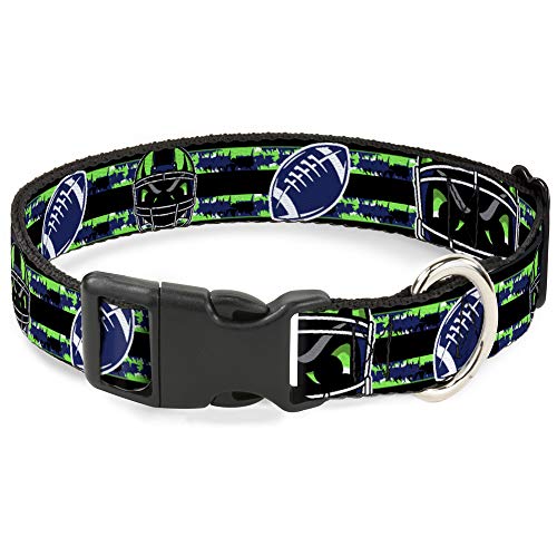 Buckle-Down Breakaway Katzenhalsband, Fußball/Helm, gestreift, Schwarz/Neongrün/Blau von Buckle-Down