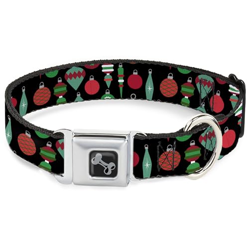 Buckle-Down Haustier-Halsband, Metall-Sicherheitsgurtschnalle, Weihnachtsfeiertags-Endstück, Kugel-Ornamente, Schwarz, Rot, Grün, 33 bis 43 cm, 3,8 cm breit von Buckle-Down