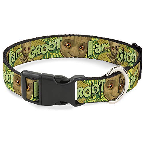 Buckle-Down Hundehalsband, Kunststoff-Clip, Baby-Groot-Pose, Gesicht "I Am Groot", Braun, Grün, Gelb, 33 bis 45 cm, 3,8 cm breit von Buckle-Down