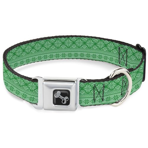 Buckle-Down Hundehalsband, Metall-Sicherheitsgurtschnalle, Weihnachtsferien, Fair-Isle-Stichmuster, Grün, 33 bis 43 cm, 3,8 cm breit von Buckle-Down