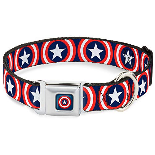 Buckle-Down Hundehalsband mit Sicherheitsgurtschnalle, Captain America, Schildwiederholung, Marineblau, 3,8 cm breit, passend für Halsumfang von 45,7–81,3 cm, Größe L von Buckle-Down