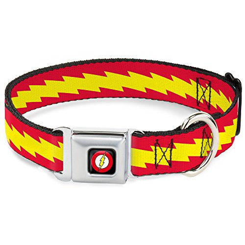 Buckle-Down Hundehalsband mit Sicherheitsgurtschnalle, gestreift, 2,5 cm breit, passend für Halsumfang von 38,1–66 cm, Rot / Gelb von Buckle-Down