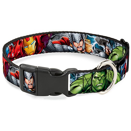 Buckle-Down Marvel Avengers Kunststoff-Kragenband, 4 Superhelden-Posen, Nahaufnahme, 3,8 cm breit, passend für Halsumfang von 45,7–81,3 cm, Größe L von Buckle-Down