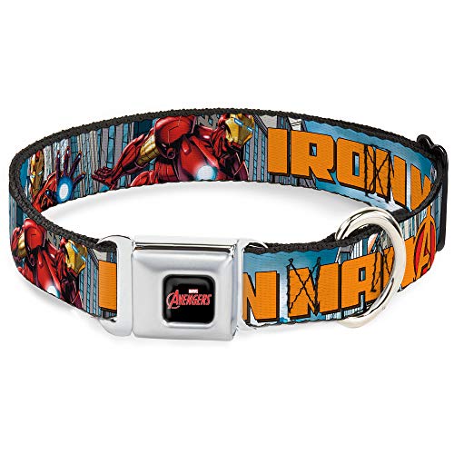 Buckle-Down Seatbelt Buckle Dog Collar - Iron Man w/Avengers Logo Cityscape - 1" Wide - Fits 15-26" Neck - Large von Buckle-Down
