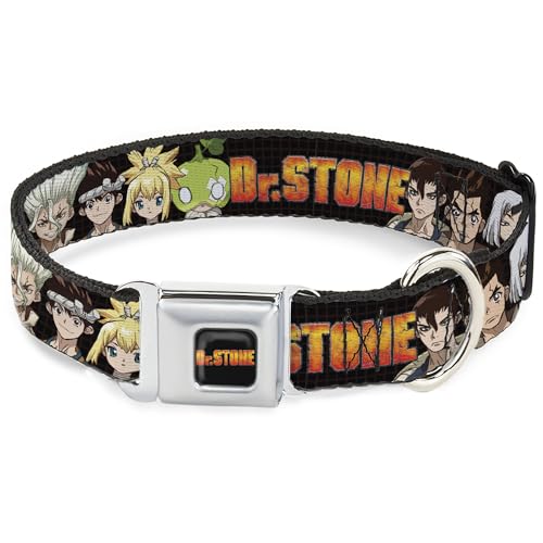 Crunchyroll Hundehalsband, Metall-Sicherheitsgurtschnalle, Dr. Stone Titellogo und Charaktergruppe, Schwarz, 33 bis 43 cm, 3,8 cm breit von Buckle-Down