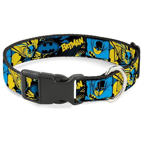 DC Comics Hundehalsband, Kunststoffschnalle, Batman-Posen und Logo-Collage, Schwarz, Blau, Gelb, 28,9 cm bis 41,5 cm 2,5 cm breit von Buckle-Down