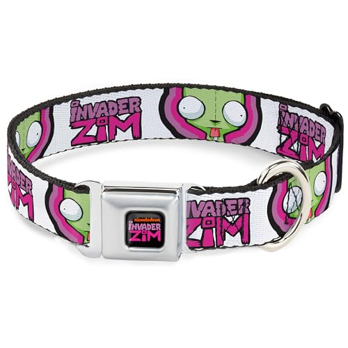 Nickelodeon Hundehalsband, Metall-Sicherheitsgurtschnalle, Invader Zim Titellogo und Gir Pose, Nahaufnahme, Weiß-Rosa, 40,6 bis 58,9 cm breit Nickelodeon Hundehalsband, Metall-Sicherheitsgurtschnalle, Invader Zim Titellogo und Gir Pose, Nahaufnahme, Weiß-Rosa, 40,6 bis 58,9 cm breit von Buckle-Down