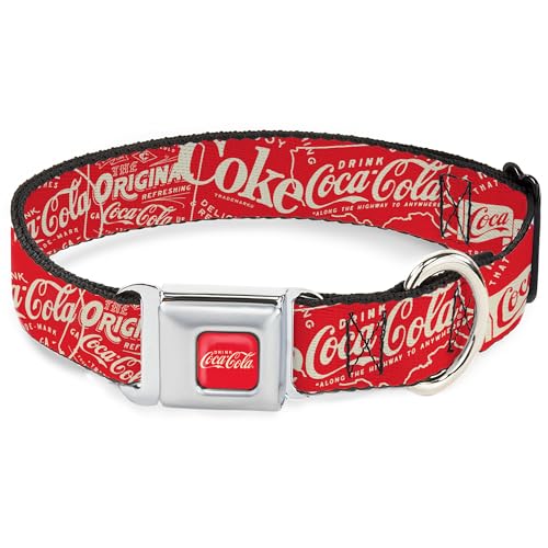 The Coca-Cola Company Haustierhalsband, Hundehalsband, Metall-Sicherheitsgurtschnalle, Vintage-Coca-Cola-Cola-Cola-Symbole und Werbe-Logos, Rot-Weiß, 50,8 bis 78,9 cm, 3,8 cm breit The Coca-Cola Company Haustierhalsband, Hundehalsband, Metall-Sicherheitsgurtschnalle, Vintage-Coca-Cola-Cola-Cola-Symbole und Werbe-Logos, Rot-Weiß, 50,8 bis 78,9 cm, 3,8 cm breit von Buckle-Down