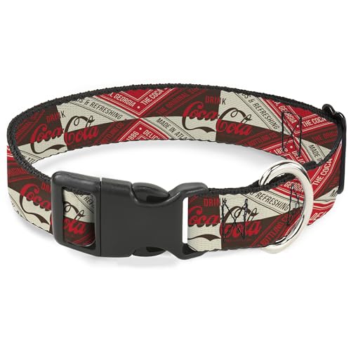The Coca-Cola Company Hundehalsband, Kunststoffschnalle, Getränke-Coca-Cola-Cola-Diamantblöcke, Rot, Braun, Beige, 24,6 bis 33 cm, 2,5 cm breit von Buckle-Down
