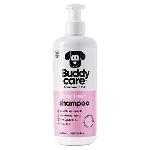 Buddycare Baby Fresh Dog Shampoo Shampoo für müffelige Hunde ab 8 Wochen - Baby-Puder-duftendes Welpen-Shampoo mit Aloe Vera und Provitamin B5 (500ml) von Buddycare