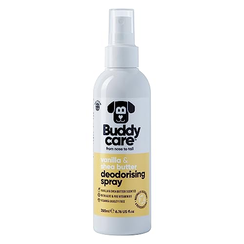 Buddycare Desodorierungsspray für Hunde – Vanille & Sheabutter – Süßes und pflegendes Desodorierungsspray für Hunde – Mit Aloe Vera und Pro Vitamin B5 (200 ml, 1 Stück) von Buddycare