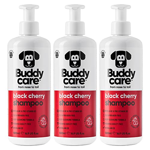 Schwarzkirsch-Hundeshampoo von Buddycare - Tiefenreinigendes Shampoo für Hunde - Fruchtiger Duft - Mit Aloe Vera und Pro-Vitamin B5 (500ml x3) Schwarzkirsch-Hundeshampoo von Buddycare - Tiefenreinigendes Shampoo für Hunde - Fruchtiger Duft - Mit Aloe Vera und Pro-Vitamin B5 (500ml x3) von Buddycare