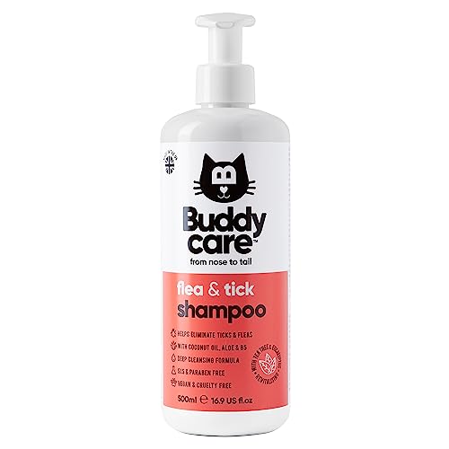 Buddycare Floh- und Zecken-Katzenshampoo – beseitigt Flöhe, Zecken und Milben – Tiefenreinigendes Shampoo für Hunde, Teebaum- und Eukalyptus-Flohshampoo für Hunde (500 ml) von Buddycare