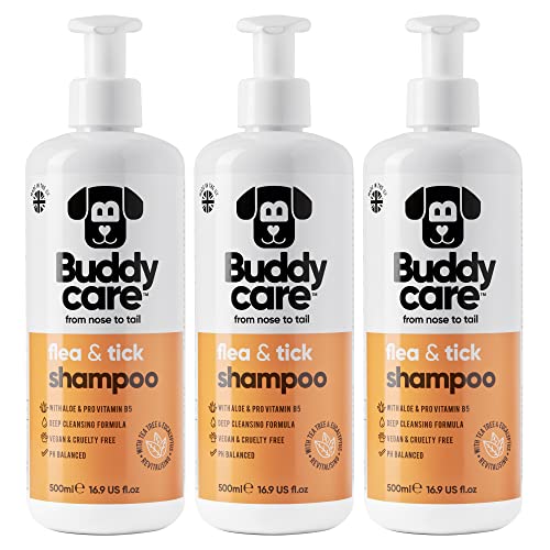 Floh- & Zeckenhundeshampoo von Buddycare - Beseitigt Flöhe, Zecken & Milben - Tiefenreinigungsshampoo für Hunde, Flohshampoo mit Teebaumöl & Eukalyptus für Hunde (500ml x3) von Buddycare