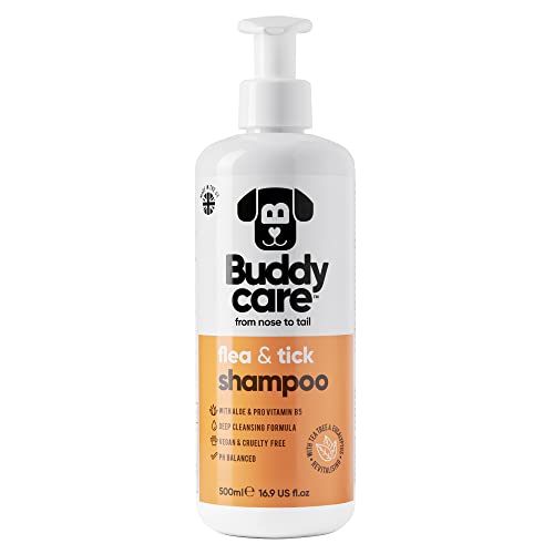 Floh- & Zeckenhundeshampoo von Buddycare - Beseitigt Flöhe, Zecken & Milben - Tiefenreinigungsshampoo für Hunde, Flohshampoo mit Teebaumöl & Eukalyptus für Hunde (500ml) von Buddycare