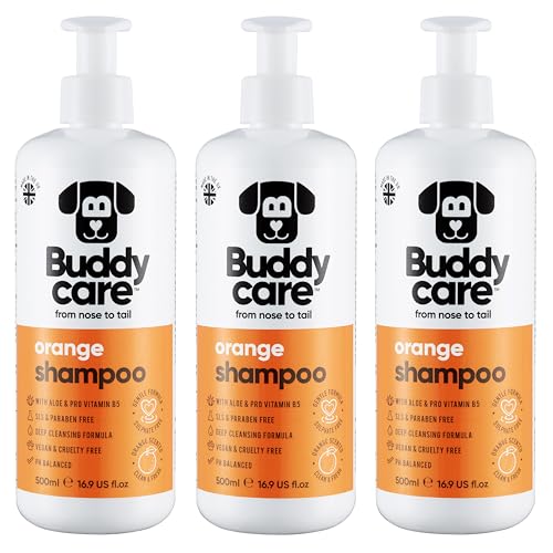 Buddycare Hundeshampoo mit Orangen – Tiefenreinigungsshampoo für Hunde – fruchtiger Duft – mit Aloe Vera und Pro-Vitamin B5 (500 ml x 3) von Buddycare