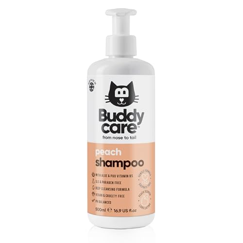 Buddycare Pfirsich-Katzenshampoo – Tiefenreinigendes Shampoo für Katzen – fruchtig duftend – mit Aloe Vera und B5 – 500 ml von Buddycare