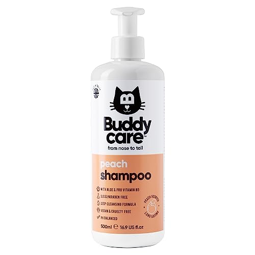Buddycare Pfirsich-Katzenshampoo – Tiefenreinigendes Shampoo für Katzen – fruchtig duftend – mit Aloe Vera und B5 – 500 ml von Buddycare