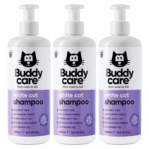 Buddycare Shampoo für Katzen, Weiß, 500 ml, 3 Stück: aufhellendes und reinigendes Shampoo für Katzen – Tiefenreinigung, frischer und juckender Duft | mit Aloe Vera von Buddycare
