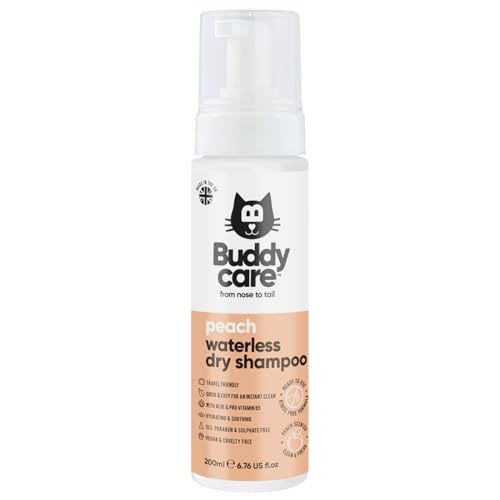 Buddycare Trockenshampoo ohne Ausspülen, pfirsichfarben, Tiefenreinigungsshampoo für Katzen | Frischer Duft | mit Aloe Vera und Pro-Vitamin B5 (200 ml) von Buddycare