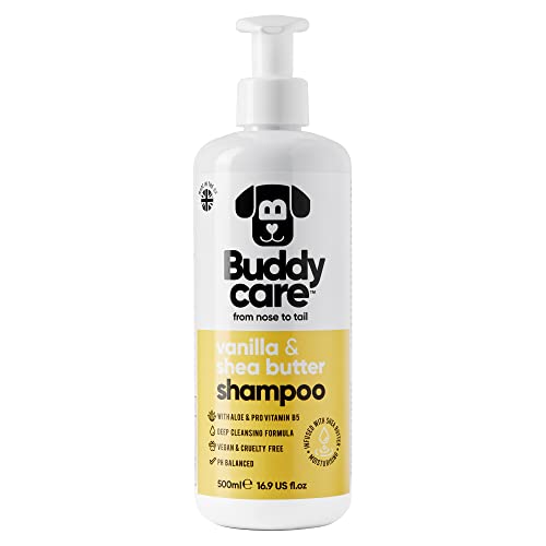 Vanille- & Sheabutter-Hundeshampoo von Buddycare - Feuchtigkeitsspendendes Shampoo für Hunde - Frisch duftend - Mit Aloe Vera und Pro-Vitamin B5 (500ml) von Buddycare