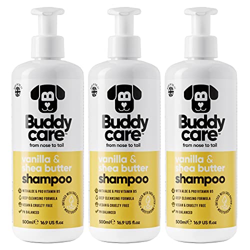 Vanille- & Sheabutter-Hundeshampoo von Buddycare - Feuchtigkeitsspendendes Shampoo für Hunde - Frisch duftend - Mit Aloe Vera und Pro-Vitamin B5 (500ml x3) von Buddycare