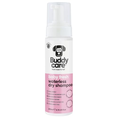 Buddycare Wasserloses Trockenshampoo für Hunde (200 ml) | Babyfrisches Hundeshampoo für empfindliche Haut | Natürliches, einfach anzuwendendes Trockenshampoo für sauberes, frisches Fell von Buddycare