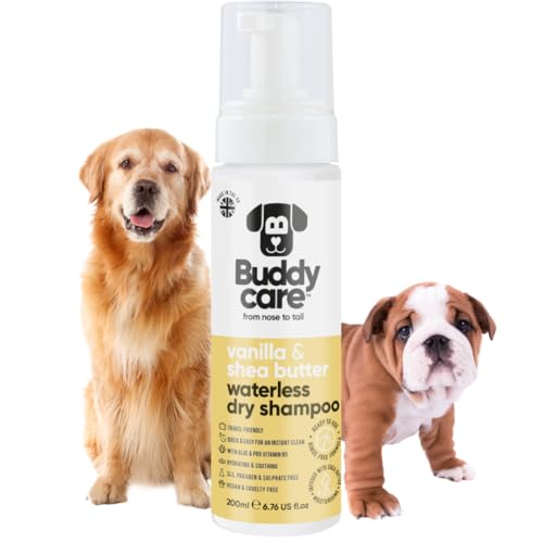 Buddycare Wasserloses Trockenshampoo für Hunde (200 ml) | Vanille & Sheabutter Hundeshampoo ohne Ausspülen für empfindliche Haut | Natürlich, einfach anzuwenden für frisches, sauberes Fell von Buddycare