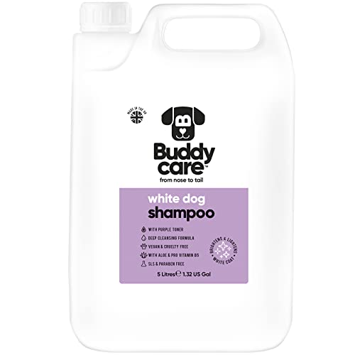 Weißes Hundeshampoo von Buddycare - Aufhellendes und Aufhellendes Shampoo für Hunde - Tiefenreinigung, frisch duftend - Mit Aloe Vera und Pro-Vitamin B5 (5L) von Buddycare