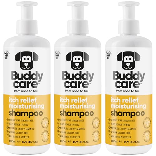 Juckreizlinderndes Feuchtigkeitsspendendes Hundeshampoo von Buddycare | Tiefenreinigendes Shampoo für Hunde | Mit Milch- & Honigduft | Mit Aloe Vera und Provitamin B5 (500 ml x3) von Buddycare