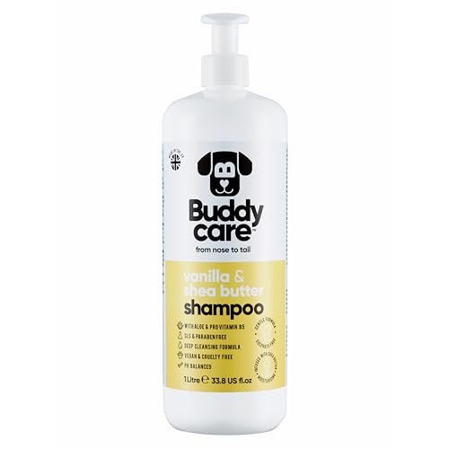 Vanille- & Sheabutter-Hundeshampoo von Buddycare - Feuchtigkeitsspendendes Shampoo für Hunde - Frisch duftend - Mit Aloe Vera und Pro-Vitamin B5 (1L) von Buddycare
