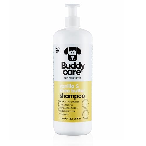 Vanille- & Sheabutter-Hundeshampoo von Buddycare - Feuchtigkeitsspendendes Shampoo für Hunde - Frisch duftend - Mit Aloe Vera und Pro-Vitamin B5 (1L) von Buddycare