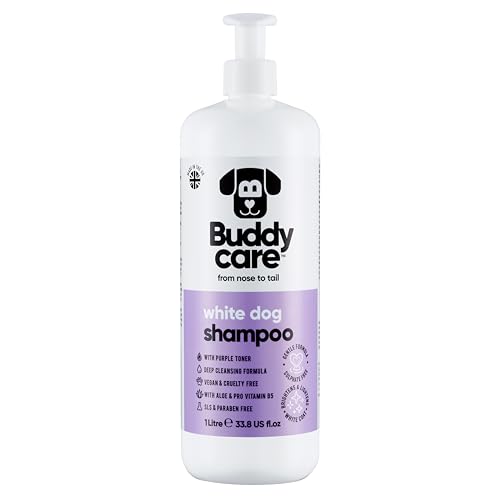 Weißes Hundeshampoo von Buddycare - Aufhellendes und Aufhellendes Shampoo für Hunde - Tiefenreinigung, frisch duftend - Mit Aloe Vera und Pro-Vitamin B5 (1L) von Buddycare