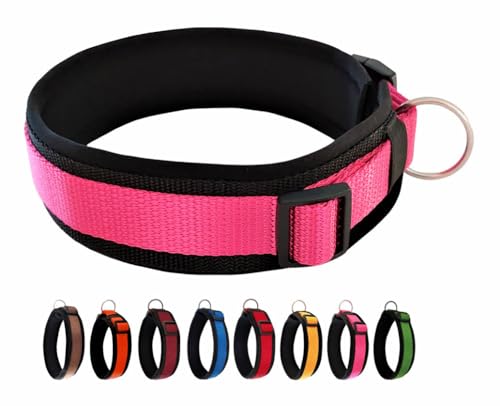 BUDDYPACK | Bequemes Hundehalsband | Extra-Breit mit Neopren-Polster | Für Kleine, Mittlere und Große Hunde | Größe XXS-3XL (L (50-55 cm), Pink auf Schwarz) von Buddypack