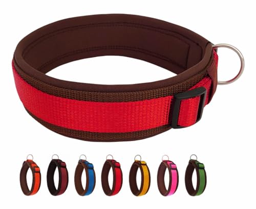 BUDDYPACK | Bequemes Hundehalsband | Extra-Breit mit Neopren-Polster | Für Kleine, Mittlere und Große Hunde | Größe XXS-3XL (S/M (41-46 cm), Rot auf Braun) von Buddypack